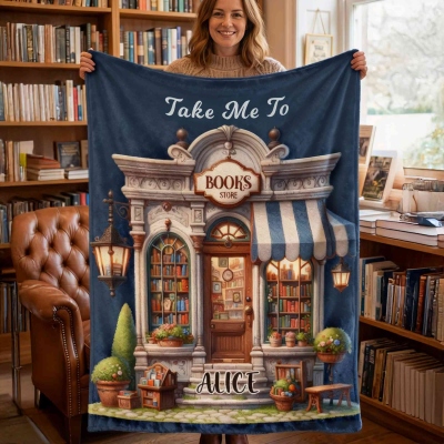 Personalized Bookstore Design Blanket with Name, Flannel/Sherpa Throw for Bed Couch, Home Decor, Birthday/Christmas Gift for Book Lovers/Readers