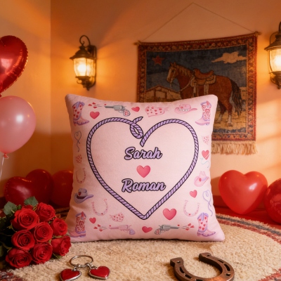 Personalized Names Cowboy Love Heart Rope Pink Throw Pillow Cover, Pillowcase with Optional Insert, Home Decor, Valentine's Day Gift for Couples