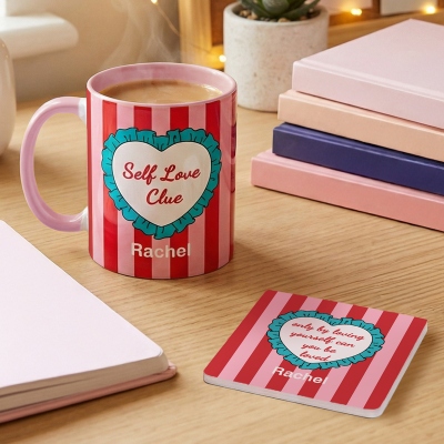 Custom Name Self Love Valentine's Day Heart Striped Mug, 11oz/15oz Two Tone Ceramic Coffee Mug with Coaster, Valentine's Day Gift for Her/Couples