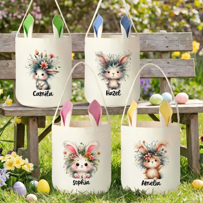Panier de Pâques personnalisé avec nom et motif floral original représentant un lapin, sac seau de Pâques en coton et lin avec oreilles de lapin, cadeau de Pâques pour enfants (garçons et filles)