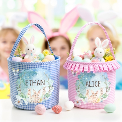 Panier de Pâques vichy personnalisé avec lapins aquarelle et volants, sac à friandises multicolore, cadeau de Pâques pour enfants (garçons/filles), souvenir de fête