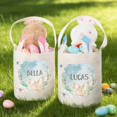 Panier de Pâques personnalisé avec lapins aquarelle, sac seau de Pâques en coton et lin orné d'oreilles de lapin, cadeau de Pâques pour enfants (garçons et filles).