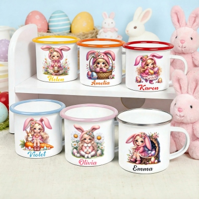 Mug en émail personnalisé pour enfant, motif lapin de Pâques, 35 cl, avec anse, en métal, idéal pour le camping, les fêtes de Pâques et comme cadeau pour enfants (garçons et filles).