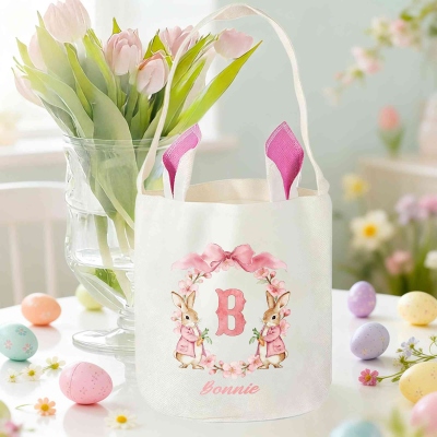 Personalized Name Peter Rabbit Bow Wreath Alphabet Easter Basket, Cotton Linen Bucket Bag with Bunny Ears, Easter Party Favor, Easter Gift for Kids