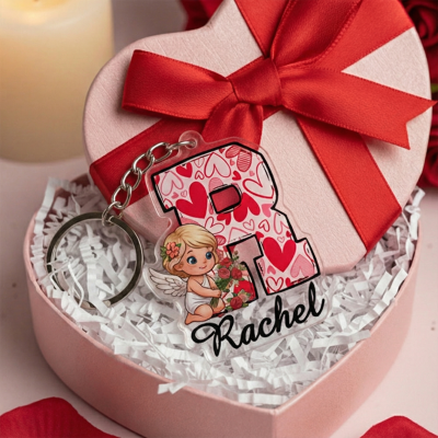 Personalisierter Valentinstag-Engel-Buchstaben-Schlüsselanhänger mit Namen, Acryl-Schlüsselring, Rucksack-Accessoire, Geschenk zum Jahrestag/Valentinstag für Sie/Ihn/Paare