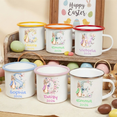 Personalized Name Peter Rabbit Floral Alphabet Easter Enamel Mug, 12oz Cup with Handle, Tin Camping Mug, Easter Party Favor, Easter Gift for Kids
