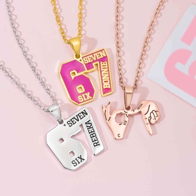 Personalized Six Seven Gesture Enamel Necklace with Name/Initial, Sterling Silver 925 Dainty Jewelry, Birthday Gift for Gen Z Teenagers