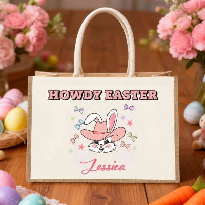 Sac fourre-tout personnalisé en toile de jute avec nom, motif lapin de Pâques, grande capacité, idéal pour la chasse aux œufs, cadeau de Pâques pour enfants/garçons/filles/femmes.