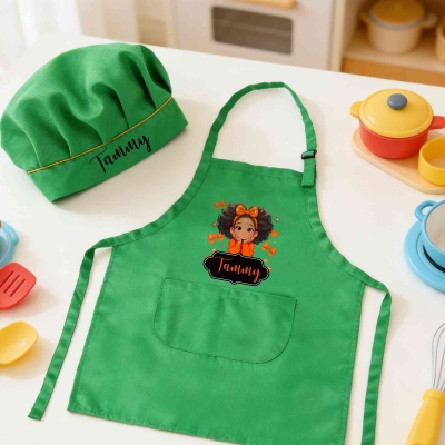 Ensemble tablier à pois personnalisé avec nom, motif dessin animé pour fille noire, toque de chef enfant et tablier ajustable avec poche, accessoires de cuisine, cadeau pour filles afro-américaines