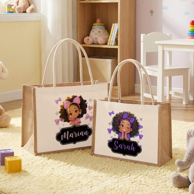 Personalized Polka Dots Cartoon Black Little Girl Burlap Tote Bag with Name, Large Capacity Jute Bag, Birthday Gift for African American Girls
