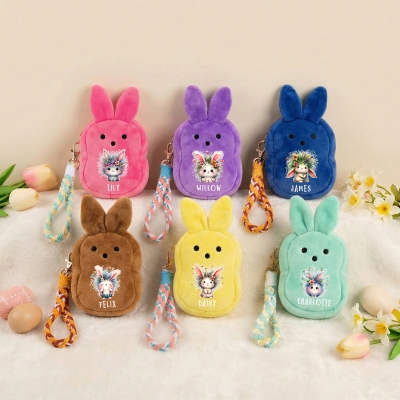 Personalized Name Quirky Floral Bunny Wallet, Cute Rabbit Plush Coin Purse with Wristband, Easter Basket Filler, Easter Gift for Kids/Boys/Girls