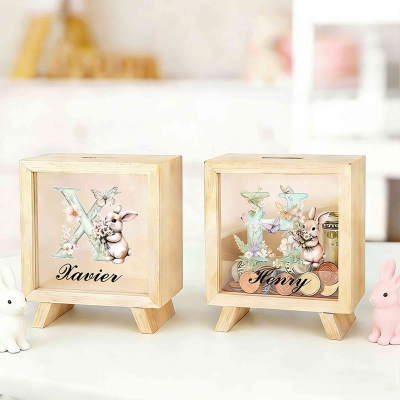 Personalisierte Spardose mit Blumen-Hasen-Alphabet und Namen, Spardose aus Holz mit Sichtfenster, Geburtstags-/Ostergeschenk für Kinder/Jungen/Mädchen