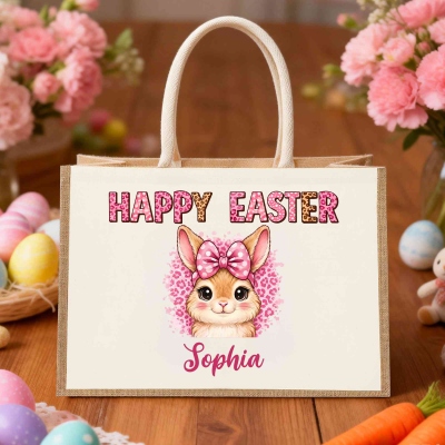 Personalisierte Tragetasche aus Jute mit Leoparden- und Hasenmotiv, großes Fassungsvermögen, ideal als Ostergeschenk für Kinder und Frauen. Perfekt als Gastgeschenk oder Ostergeschenk für Kinder und Frauen.
