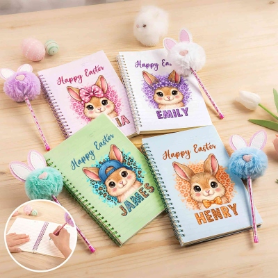 Personalisiertes Notizbuch mit Leoparden- und Hasenmotiv, Spiralbindung, Pompon-Stift, Notizbuch- und Stift-Set, Ostergeschenk für Kinder