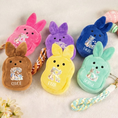 Custom Name Peter Rabbit Floral Alphabet Bunny Wallet, Rabbit Plush Coin Purse with Wristband, Easter Basket Filler, Easter Gift for Kids/Boys/Girls