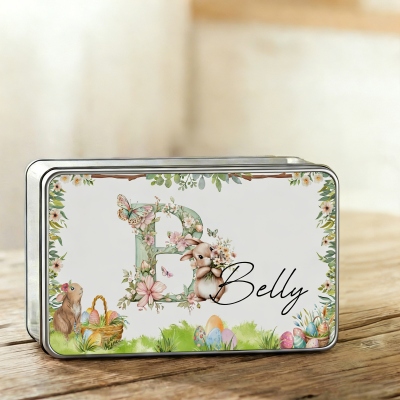 Personalisierte Osterdose mit Namens-, Blumen- und Hasenmotiv, Deckel, Keksdose, Blechdose, Gastgeschenk für die Osterfeier, Ostergeschenk für Kinder