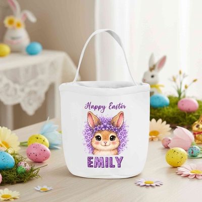 Personalisierter Osterkorb mit Leoparden- und Hasenmotiv, Ostereiersuche-Eimer, große Geschenktasche aus Canvas, Ostergeschenk für Kinder/Jungen/Mädchen