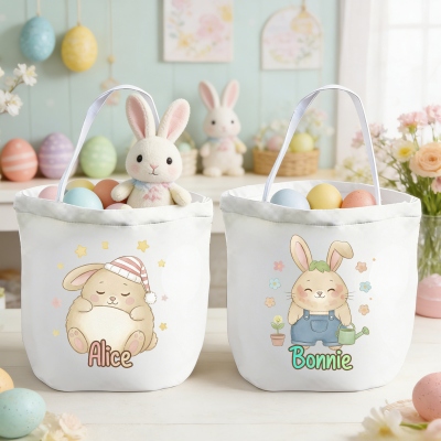Personalisierter Osterkorb mit Cartoon-Hasenmotiv, professioneller Ostereiersuch-Eimer, große Geschenktasche aus Canvas, Ostergeschenk für Kinder/Jungen/Mädchen