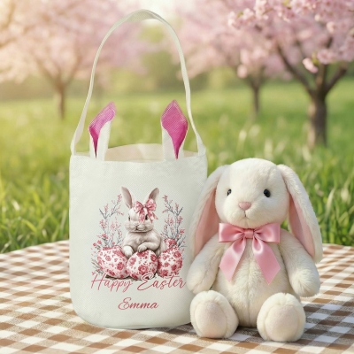 Personalisierter Osterkorb mit Namen, Toile de Jouy-Blumenmuster, Schleife, Hase und Eiern, Osterbeutel aus Baumwollleinen mit Hasenohren, Ostergeschenk für Kinder/Jungen/Mädchen