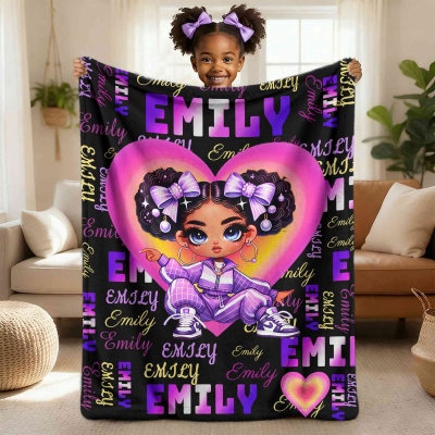 Personalisierte Neon-Wortwolken-Herzdecke für Afro-Mädchen mit Namen, Flanell-/Sherpa-Überwurf für Bett und Sofa, Geschenk zum Schulanfang/Geburtstag für schwarze Mädchen