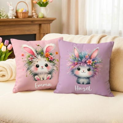 Personalisierter Kissenbezug mit Namen, originellem Blumen-Hasenmotiv, Kissenhülle mit optionaler Füllung, Heimdekoration, Geburtstags-/Ostergeschenk für Kinder/Jungen/Mädchen