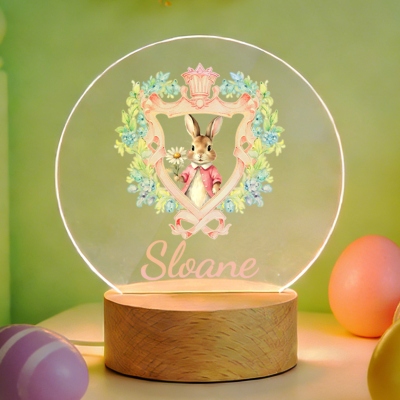 Custom Name Watercolor Floral Bow Frame Bunny LED Night Light, Acrylic Night Lamp with Wooden Base, Nursery Home Decor, Birthday/Easter Gift for Kids