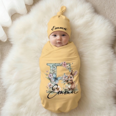 Custom Name Floral Bunny Alphabet Receiving Blanket with Beanie, Swaddle & Hat Set for Baby Girl Boy, Birthday/Baby Shower/Easter Gift for Newborns