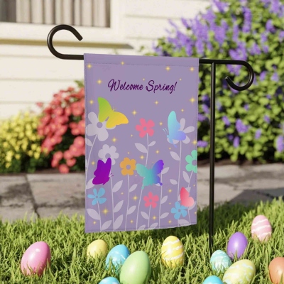 Personalisierte Gartenflagge mit Ostermotiven (Schmetterlinge und Blumen), frühlingshafte Blumendekoration für Rasen oder Veranda, Ostergeschenk für Mama/Oma/Familie