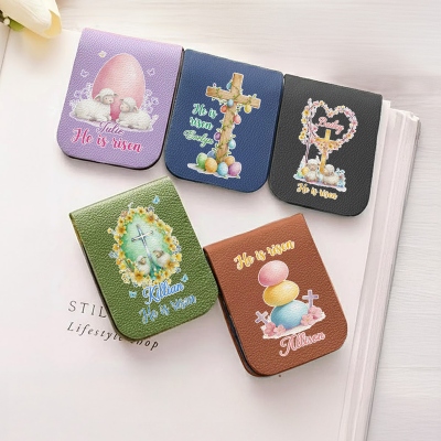 Lesezeichen mit individuellem Namen, Kreuz-Osterei-Schaf-Design, „Er ist auferstanden“-Leder-Lesezeichen, magnetischer Lesezeichenclip, Leseaccessoire, Ostergeschenk für Bücherliebhaber/Kinder