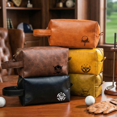 Personalized Name Golf Design Leather Toiletry Bag, Waterproof Men's Dopp Kit, Travel Accessory, Birthday/Father's Day Gift for Golf Lovers/Him/Dad
