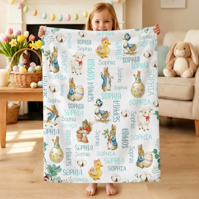 Personalized Name Word Cloud Easter Peter Rabbit & Animals Blanket, Flannel/Sherpa Throw for Bed Couch, Home Decor, Easter Gift for Kids/Boys/Girls