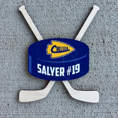 Personalized Name & Number Hockey Sticks Puck Wooden Door Sign, Layered Team Logo Wall Plaque, Bedroom Decor, Gift for Hockey Players/Teammates/Boys