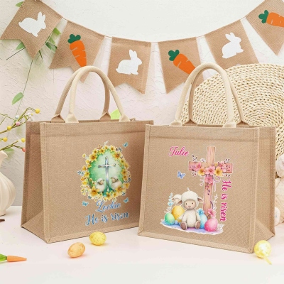 Personalisierte Ostereiertasche mit Kreuz- und Schafmotiv und dem Aufdruck „Er ist auferstanden“, große Jute-Tasche für die Ostereiersuche, Gastgeschenk für Osterpartys, Ostergeschenk für Kinder