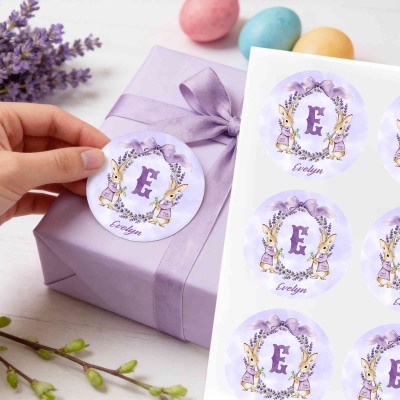 Custom Name Peter Rabbit Bow Wreath Alphabet Easter Stickers, Gift Name Tags, Treat Bag Labels, Easter Party Favors, Easter Gifts for Kids/Family