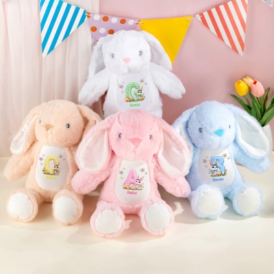 Custom Name Floral Rabbit Alphabet Easter Bunny Doll Toy, Soft Plush Stuffed Rabbit, Easter Keepsake, Birthday/Easter Gift for Newborns/Girls/Boys