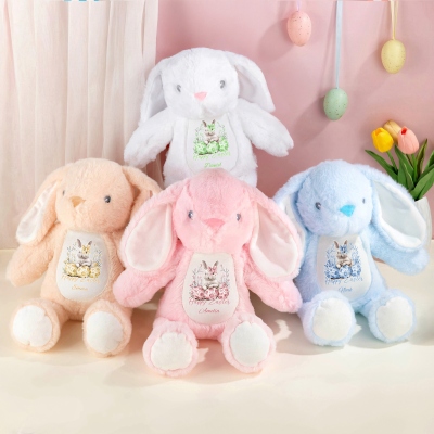 Custom Name Toile de Jouy Bow Bunny & Eggs Easter Rabbit Doll Toy, Soft Plush Stuffed Rabbit, Easter Keepsake, Birthday/Easter Gift for Newborns/Kids
