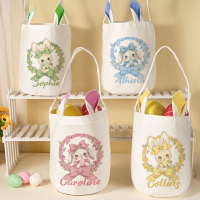 Osterkorb mit personalisiertem Hasenmotiv, Blumenkranz und Schleife, Osterbeutel aus Baumwoll-Leinen-Mischgewebe mit Hasenohren, Gastgeschenk für Ostern, Ostergeschenk für Kinder/Jungen/Mädchen