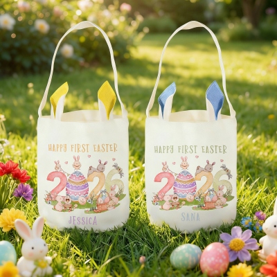 Personalisierter Osterkorb mit Hasenmotiv und Eiern, Osterbeutel aus Baumwollleinen mit Hasenohren, Gastgeschenk für die Osterfeier, Ostergeschenk für Kinder