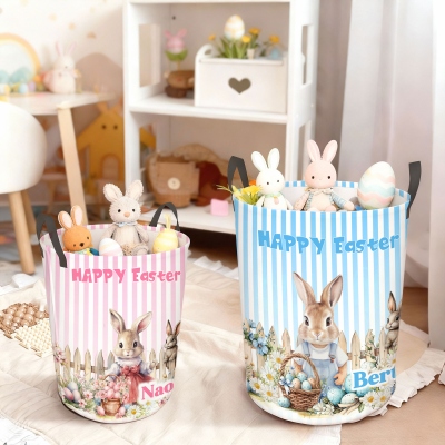 Personalisierter Aufbewahrungskorb mit Blumenmuster, Hase und Ostereiern, mit Griffen, großem Fassungsvermögen, ideal für Kinderzimmer/Badezimmer, Ostergeschenk für Kinder