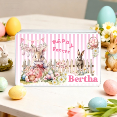 Personalisierte Süßigkeitendose mit Blumenmuster, Hase und Ostereiern, mit Deckel, Keksdose, Blechdose, Gastgeschenk für Ostern, Ostergeschenk für Kinder/Jungen/Mädchen