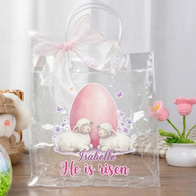 Personalisierte Namens-Ostereier-Geschenktüte mit Kreuzmotiv und Schafmotiv „Er ist auferstanden“ mit rosa Schleife, durchsichtige PVC-Ostereiersuche-Tasche, Ostergeschenk für Kinder/Mädchen/Jungen