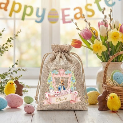 Personalisierte Jutetasche mit Namen, Aquarell-Blumenrahmen und Hasenmotiv, Ostereiersuche-Tasche mit Kordelzug, Ostergeschenkbeutel, Ostergeschenk für Kinder/Jungen/Mädchen