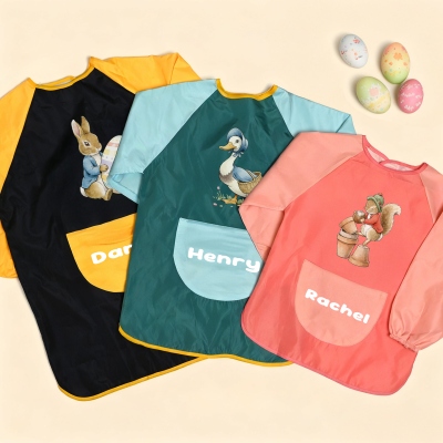 Custom Name Peter Rabbit Farm Animal Design Waterproof Long Sleeve Children's Painting Apron, Art Smock with Pocket, Birthday/Easter Gift for Kids