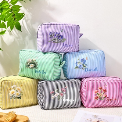 Custom Name Birth Flower Striped Makeup Bag, Travel Toiletry Pouch, Bridal Party Favor, Birthday/Mother's Day/Wedding Gift for Her/Mom/Bridesmaids