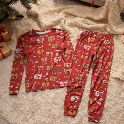 Personalisierter Pyjama mit 67 weihnachtlichen Slang-Sprüchen, Namensaufdruck, Alltags-Pyjamahosen/-sets, Geburtstags-/Weihnachtsgeschenk für Kinder/Teenager