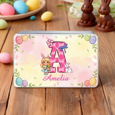 Personalisierte Namensdose mit Buchstabenmotiv für Ostern (Junge/Mädchen), Keksdose, Bonbondose, Weißblechbehälter, Ostergeschenk für Kinder