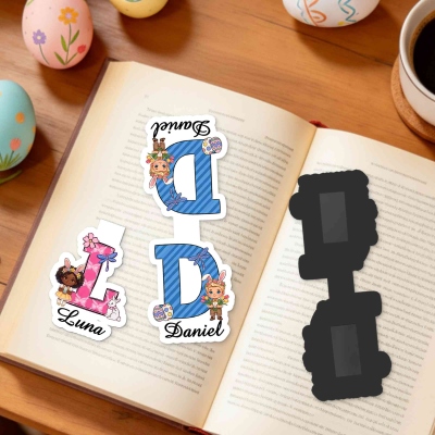 Lesezeichen mit personalisiertem Namen, Cartoon-Ostermotiv für Jungen/Mädchen, magnetischer Lesezeichenclip, Leseaccessoire, Geburtstags-/Ostergeschenk für Bücherliebhaber/Kinder