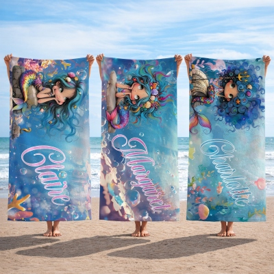 Personalized Fantasy Mermaid Girl Beach Towel with Name, Microfiber Quick Dry Bath Towel, Vacation/Beach/Pool Party Favor, Gift for Girls/Women