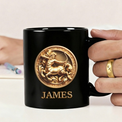 Personlig guldfärgad stjärnteckenpräglad svart mugg med namn, 30 cl keramisk kaffemugg, födelsedags-/fars dag-/bröllopspresent till honom/pappa/familj/best men