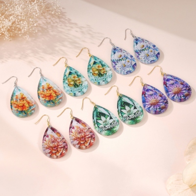 Personalized Name Birthstone Birth Flower Resin Teardrop Dangle Earrings, Women's Dainty Jewelry, Birthday/Mother's Day Gifts for Her/Wife/Mom/Grandma